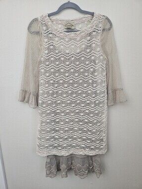 DejaVu Crochet Overlay Dress with Lace Slip - Cream & Taupe